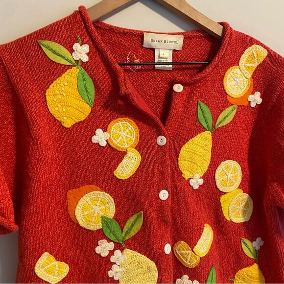 Vintage Y2K Susan Bristol Lemon Fruit Cotton Sweater Large - Picture 15 of 15
